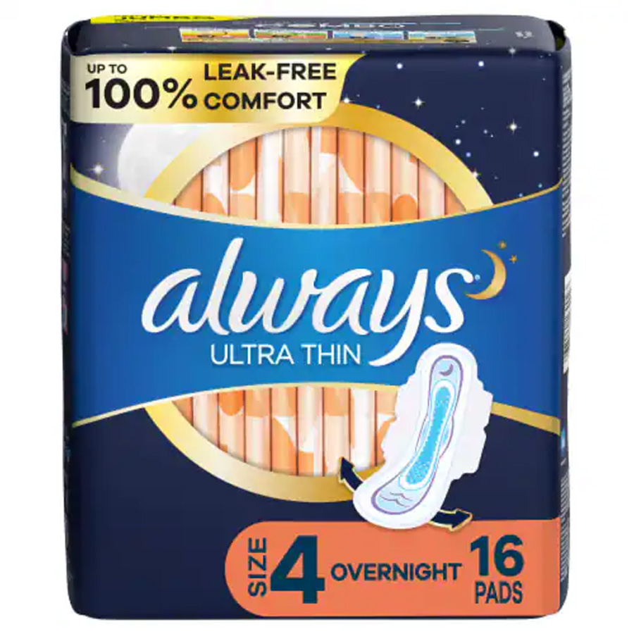 [10319] ALWAYS OVERNIGHT ULTRA THIN PADS 16 CT LEAK GUARD SIZE 4  (12 Pack)