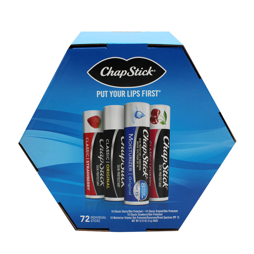 [11061] CHAPSTICK LIP BALM FISH BOWL ASSORTED 72 CT (ORIGINAL, CHERRY, STRAWBERRY, MOISTURIZER)  (72 Pack)