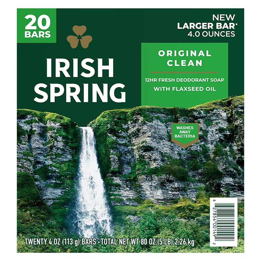 [12837] IRISH SPRING BAR SOAP 4 OZ 20 PK ORIGINAL CLEAN WITH FLAXSEED OIL  (4 Pack)