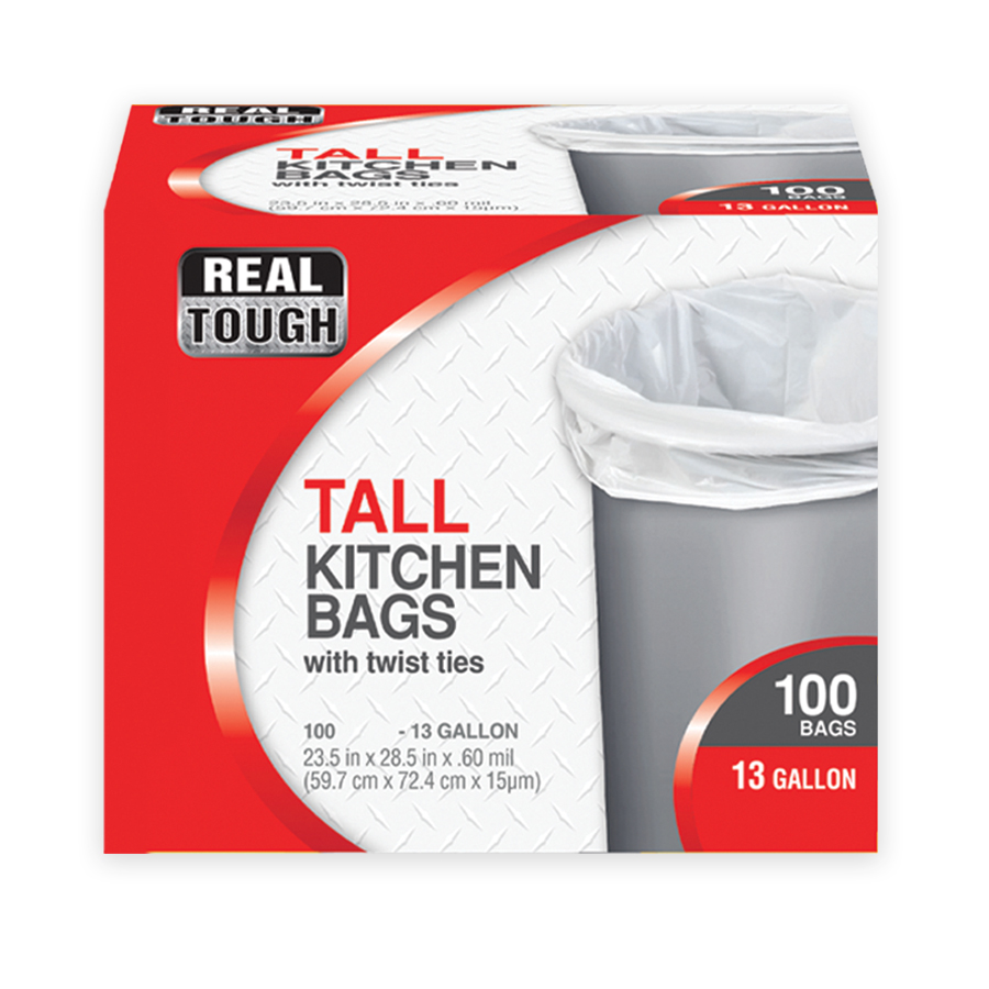 [14269] REAL TOUGH TALL KITCHEN BAG 13 GL 100 CT TWIST TIE WHITE  (12 Pack)