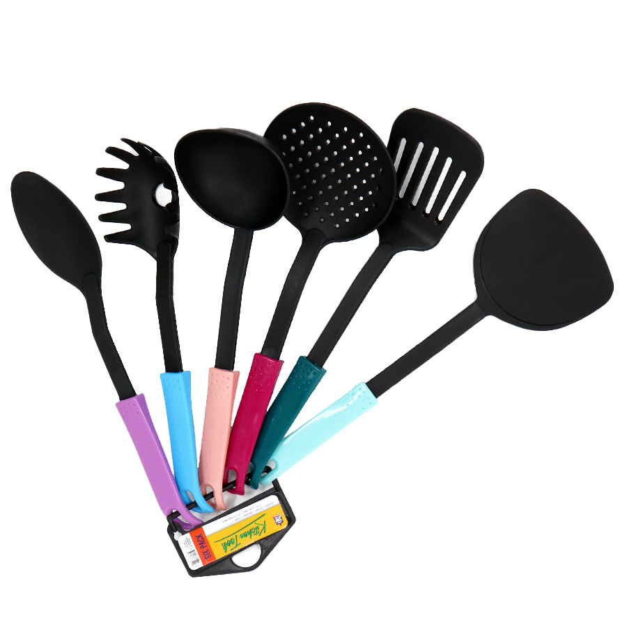[14673] SIMPLY KITCHENWARE KITCHEN SET 6PC DELUXE NYLON ASSORTED COLORED HANDLES - SPATULA, TURNER, SKIMMER, LADLE, SPOON & PASTA SERVER  (12 Pack)