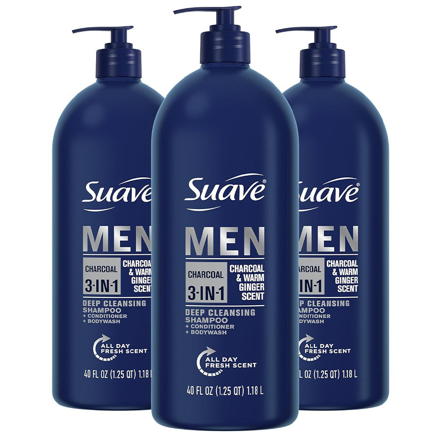 SUAVE MEN SHAMPOO 3 IN 1 40 OZ CHARCOAL WITH PUMP  (3 Pack)
