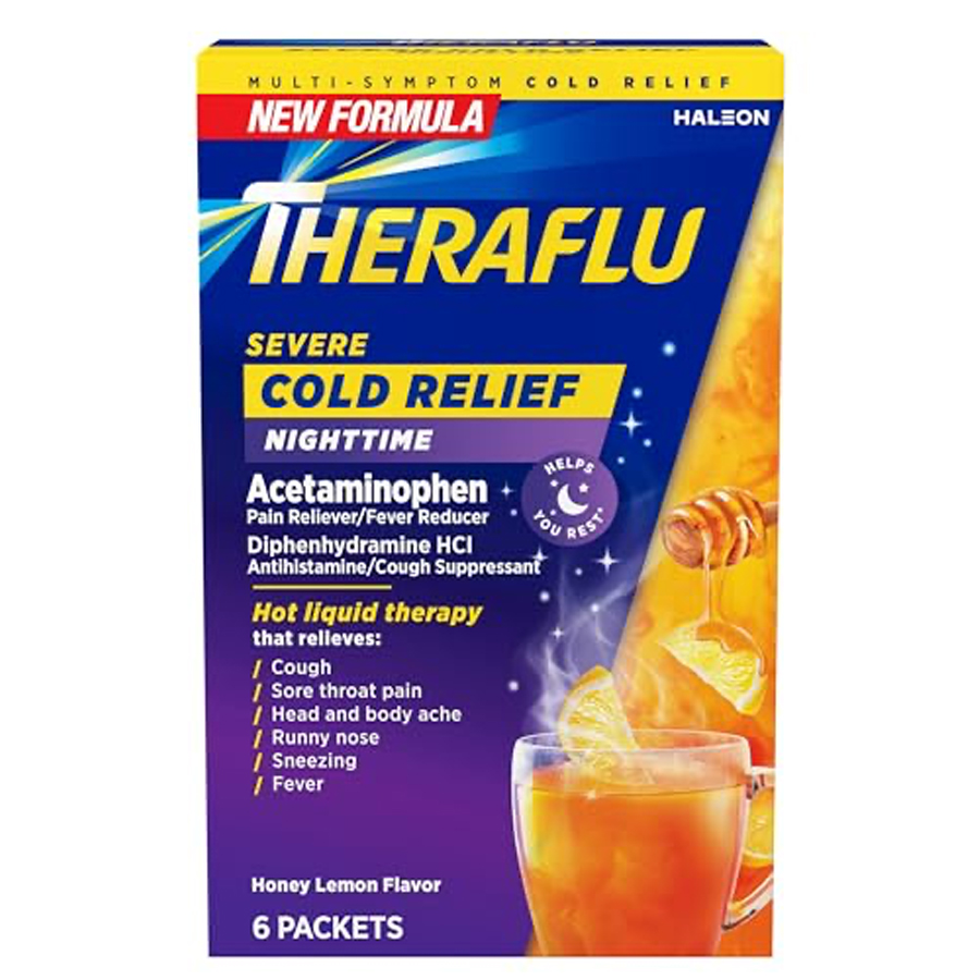 THERAFLU SEVERE COLD RELIEF POWDER 6 CT NIGHTTIME HONEY LEMON FLAVOR NON PE  (24 Pack)
