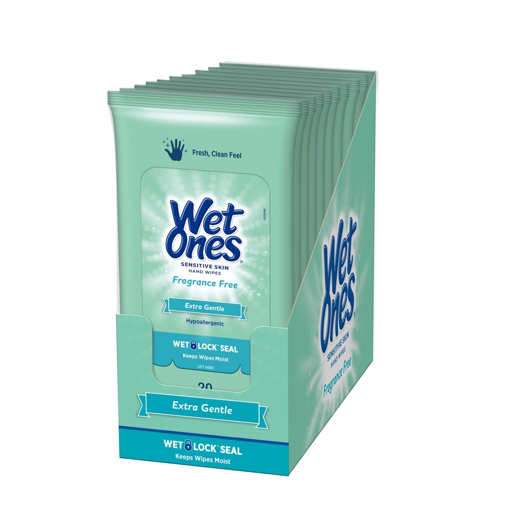 [15445] WET ONES WIPES 20 CT GREEN SENSETIVE SKIN DISPLAY TRAVIL SIZE  (10 Pack)
